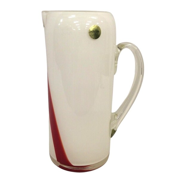 Vintage Action International Ltd. Glass Pitcher White & Red Swirl Pattern